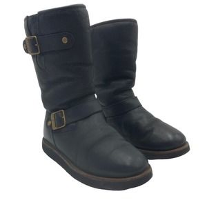 Ugg Kensington Mid Calf Boots Women 5 Black Leather Buckle Black Sherpa Lining